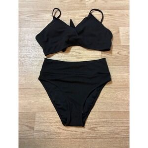 Black Textured High Waisted Bikini Set Tie Back Bralette Swimsuit Womens 0XL